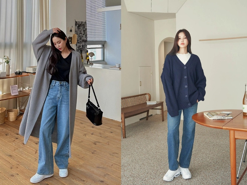 Phối đồ nữ áo Cardigan và quần jeans
