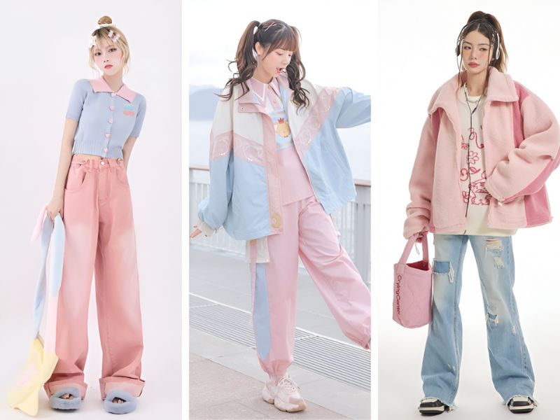 Áo hồng pastel phối xanh pastel
