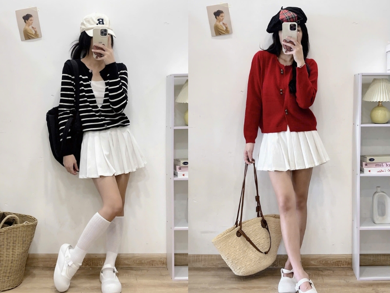Phối chân váy ngắn với áo cardigan