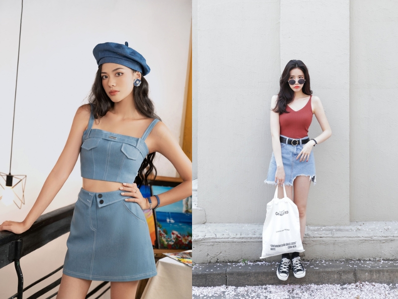 Phối chân váy ngắn với áo hai dây