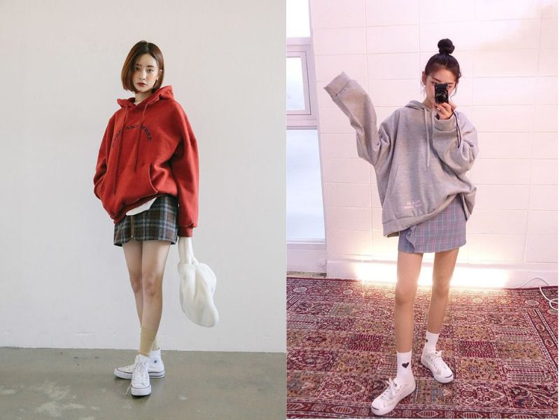 Phối chân váy ngắn với áo hoodie