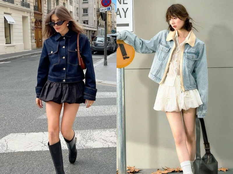 Phối chân váy ngắn với áo khoác denim