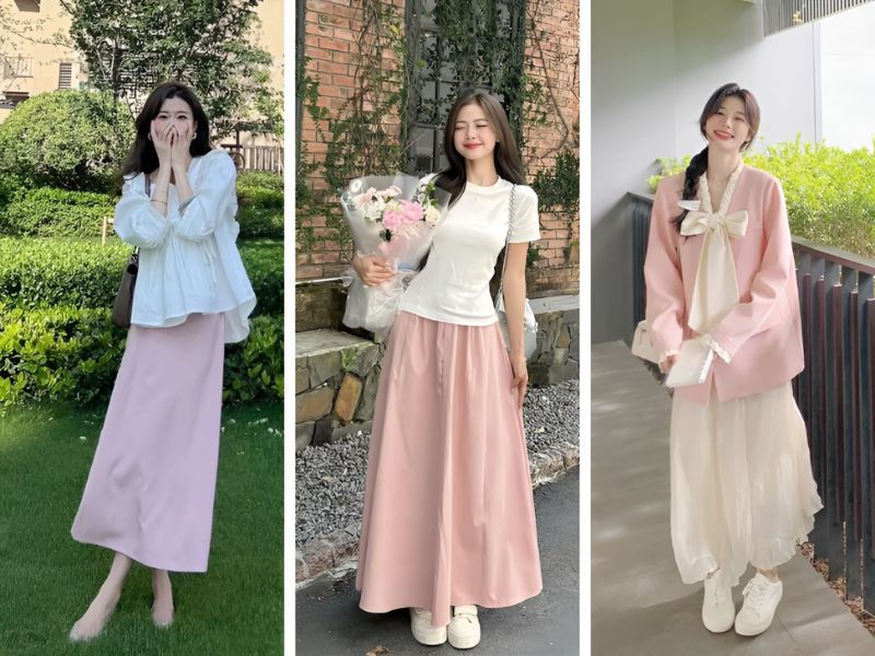 Phối đồ màu hồng pastel và trắng