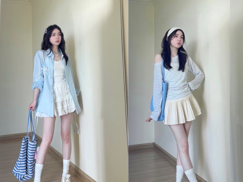 Phối đồ màu xanh denim và trắng