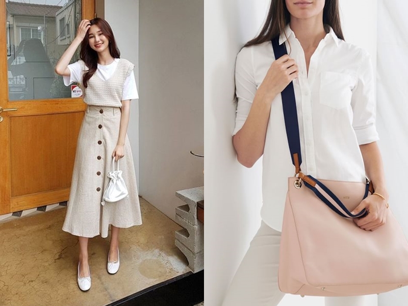 Phối đồ với túi xách trắng và trang phục pastel